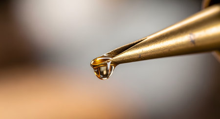 A beautiful macro photograph captures a single, glistening droplet of amber ink clinging to the tip of a classic golden fountain pen nib. The shallow depth of field creates a soft, elegant background, highlighting concepts of writing, calligraphy, precision, and creativity.の素材