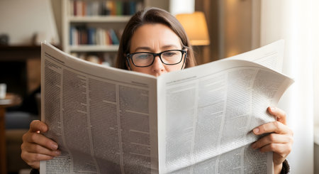 A focused woman wearing glasses is sitting indoors, engrossed in reading a broadsheet newspaper. The background with a bookshelf suggests a cozy home or library environment, conveying themes of news, information, and quiet concentration.の素材
