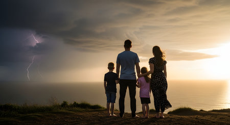A family of four stands united on a clifftop, looking out at a dramatic scene where a lightning storm rages over the ocean on one side while a calm sunset glows on the other. This powerful image symbolizes facing adversity and uncertainty together as a family, with a sense of hope on the horizon.の素材