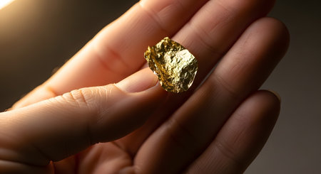 A close-up shot of a person's hand holding a small, raw gold nugget between their thumb and index finger. The precious metal glitters under a warm light, emphasizing its value, rarity, and natural beauty. This image represents wealth, mining, investment, and discovery.の素材