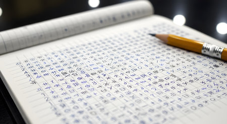 A close-up shot of a notebook filled with meticulously handwritten Japanese characters, showcasing the practice of writing Kanji. A yellow pencil rests on the lined paper, symbolizing the process of learning a foreign language, diligent study, and linguistics.の素材