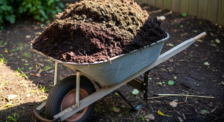 A metal wheelbarrow is filled to overflowing with dark, rich organic compost or mulch in a garden setting. This image represents gardening, landscaping, soil enrichment, and sustainable horticultural practices.の素材