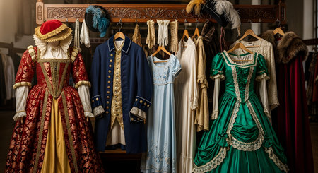 A clothing rack is filled with a dazzling collection of ornate and elaborate historical costumes from a past era, possibly the 18th century. The display includes luxurious gowns, detailed men's coats, and feathered hats, representing theater, history, fashion, and period drama.の素材