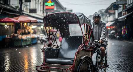 A cycle rickshaw driver wearing a raincoat waits for a passenger on a wet, cobblestone street during a downpour in a bustling Southeast Asian market. The atmospheric scene, with blurred market lights in the background, captures a slice of daily life, transportation, and resilience.の素材