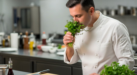 A male chef in a clean white uniform stands in a professional restaurant kitchen and brings a bunch of fresh green herbs to his nose, smelling their aroma. This action highlights the importance of fresh, high-quality ingredients in gourmet cuisine.の素材