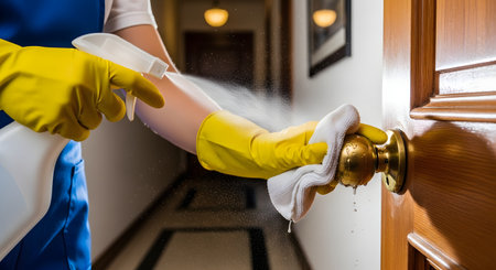 A person wearing yellow rubber gloves thoroughly cleans and disinfects a brass doorknob with a spray bottle and a white cloth. The spray is visible mid-air, emphasizing the act of sanitation, hygiene, and preventing the spread of germs and viruses.の素材