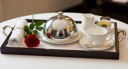 An elegant room service tray is presented on a white table, featuring a coffee set, a silver cloche covering a dish, a neatly rolled napkin, and a single fresh red rose. The setting evokes a sense of luxury, romance, and first-class hospitality at a hotel.の素材