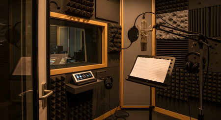 The interior of a professional sound recording booth is set up for a vocal or voice-over session, featuring a condenser microphone on a stand with a pop filter. The room is treated with acoustic foam panels for soundproofing, creating an ideal environment for high-quality audio production.の素材