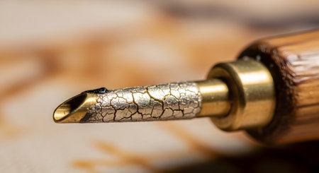 An extreme macro photograph focuses on the metallic tip of a pyrography tool, or wood-burning pen. The brass tip displays a cracked, weathered texture from intense heat, representing the detailed craft of creating art by burning wood.の素材