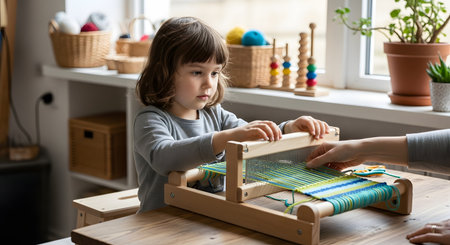 A focused young girl sits at a wooden table, learning the craft of weaving on a small, child-friendly loom with colorful threads. An adult's hand gently guides the process, representing mentorship and education. This charming scene captures a moment of creative learning, skill development, and a Montessori-style activity at home.の素材