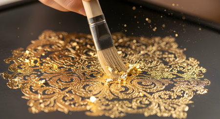 An artist's hand gently uses a soft brush to apply or sweep away excess gold leaf from an intricate, ornate pattern on a dark surface. The process captures the delicate and luxurious nature of gilding, representing craftsmanship, art, and opulence.の素材