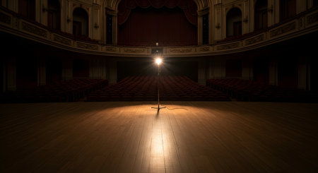 A single microphone on a stand sits center stage in an empty, grand old theater, illuminated by a solitary spotlight. The dark, vacant seats and ornate architecture create a dramatic and lonely atmosphere, symbolizing performance, public speaking, anticipation, or the silence before a show.の素材