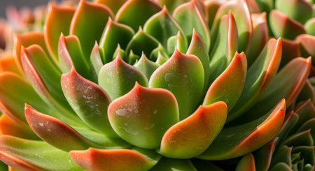 A detailed macro photograph of an Echeveria succulent, showcasing the geometric rosette pattern of its fleshy leaves. The vibrant colors transition from a lush green at the center to a warm reddish-orange at the pointed tips, highlighting its natural beauty and texture.の素材