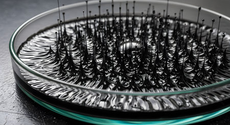 A striking scientific image of black ferrofluid in a petri dish reacting to a powerful magnetic field underneath. The magnetic liquid forms dozens of sharp, glossy spikes, demonstrating the principles of magnetism and fluid dynamics. This abstract visual represents science, technology, physics, and innovation.の素材