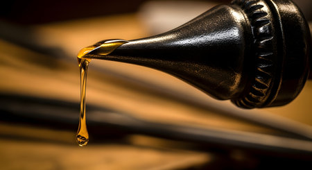 A close-up, macro photograph captures a single, viscous drop of glistening golden oil as it slowly drips from the tip of a dark metal spout. The image highlights the rich color, viscosity, and purity of the liquid, suitable for industrial or cosmetic concepts.の素材