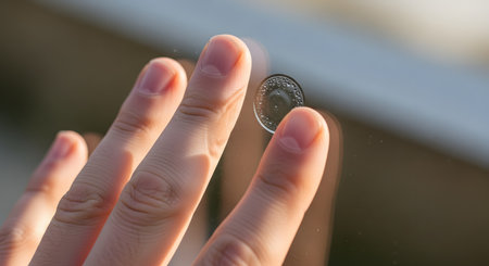 A macro shot of a person's fingertip holding a soft, transparent contact lens, ready for insertion. The image highlights concepts of vision correction, ophthalmology, and personal healthcare.の素材
