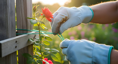 A gardener's gloved hands carefully tie the stem of a climbing red rose to a wooden trellis using a green tie. The scene is backlit by warm sunset light, evoking a sense of gentle care, nurturing, and the joy of gardening.の素材