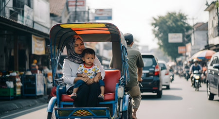 An Indonesian mother wearing a hijab holds her young child on her lap while riding in a traditional becak, or pedicab, on a busy city street. The scene captures a slice of daily life, showcasing local transportation and culture in Indonesia. The background shows other vehicles and storefronts.の素材