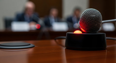 A close-up of a conference room microphone with its red 'on-air' light illuminated, sitting on a polished wooden table. In the blurred background, several people are seated, indicating a business meeting, press conference, or panel discussion is in progress.の素材