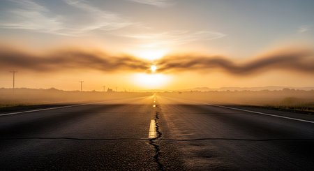 A low-angle view of a cracked asphalt road stretching towards a brilliant, hazy sunrise on the horizon. A strange, wavy cloud hovers directly over the sun, creating a surreal and mysterious atmosphere, symbolizing a journey into the unknown future.の素材