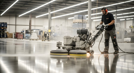 A male worker in protective gear operates a heavy-duty floor grinder, polishing the concrete surface of a large industrial warehouse. Sparks fly from the machine as it creates a smooth, reflective finish on the floor.の素材