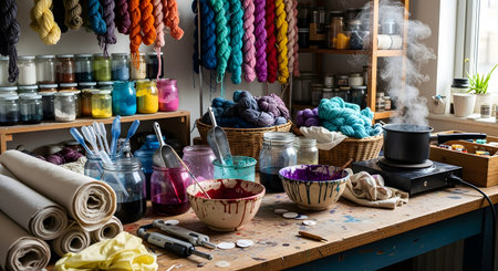 A colorful and active textile artist's workshop is filled with creative supplies. Skeins of brightly dyed yarn hang above jars of pigments, while a pot steams on a hot plate, indicating the hands-on process of dyeing fabric and wool.の素材