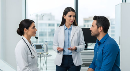 In a bright and modern medical clinic, two female doctors in white coats are having a consultation with a male patient. One doctor is explaining a diagnosis or treatment plan, demonstrating professional healthcare, communication, and patient care.の素材