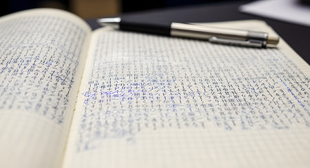 An open notebook on a desk is filled with dense handwriting in an unknown, complex script or code, with a pen lying on top. The image suggests themes of cryptography, secret messages, a personal diary with a unique alphabet, or an unsolved mystery.の素材