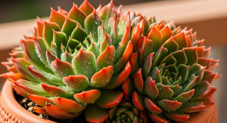 A detailed macro shot of a beautiful Echeveria succulent, showcasing its rosette of fleshy leaves. The leaves transition in color from green at the center to a vibrant reddish-orange at the tips and are covered in tiny, fresh water droplets.の素材