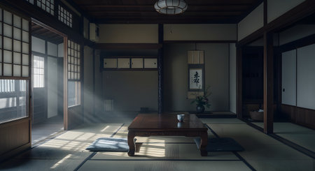 The interior of a tranquil, traditional Japanese room (washitsu) featuring tatami mat flooring, shoji screen doors, and a low wooden table. Beams of sunlight stream through a window, illuminating dust motes and creating a peaceful, meditative, and minimalist atmosphere.の素材