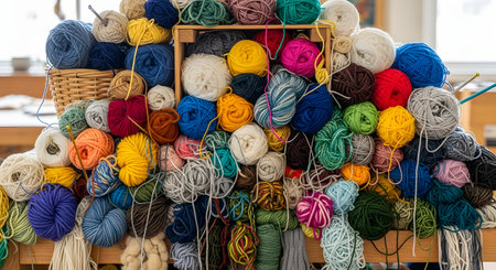 A massive, messy pile of colorful yarn balls overflows from a wooden crate, with knitting needles sticking out. The vibrant assortment of textures and colors like blue, yellow, pink, and green represents the hobbies of knitting and crocheting, creativity, and craft supplies.の素材
