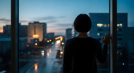 A woman with short hair is silhouetted from behind, looking out a large window at a rainy city skyline at dusk. Raindrops on the glass and blurred city lights create a moody, contemplative, and pensive atmosphere, suggesting feelings of solitude or melancholy.の素材