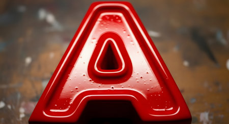A dramatic close-up shot focuses on a glossy, three-dimensional letter 'A' in a vibrant red color. Small water droplets dot its shiny surface, adding texture and detail against a softly blurred background, perfect for concepts related to typography, branding, and the alphabet.の素材