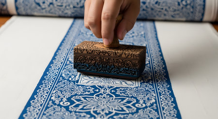 A hand carefully presses a carved wooden block stamp onto white fabric, transferring an intricate blue ornamental design. This demonstrates the traditional artisan technique of block printing used to create patterned textiles.の素材