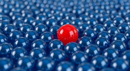 A single glossy red marble is positioned in the center of a large group of identical blue marbles, creating a strong visual contrast. The image is a powerful metaphor for individuality, uniqueness, leadership, and being different from the norm.の素材