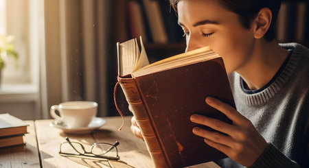 A person with their eyes closed enjoys the distinct scent of an old, well-loved book, holding it close to their face. Dust particles are visible in the warm sunlight streaming from a window, creating a cozy and nostalgic atmosphere. The scene evokes a love for reading, the comfort of books, and the sensory experience of old paper.の素材