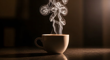 A single ceramic cup of hot coffee sits on a dark tabletop, with intricate and beautiful swirls of steam rising elegantly into the air. The moody, dramatic lighting creates a warm and cozy atmosphere, perfect for representing a morning ritual or a relaxing break.の素材