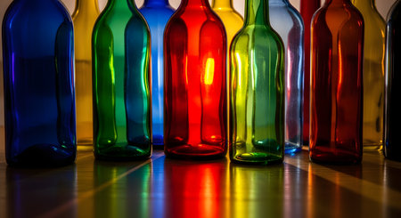 A row of translucent glass bottles in various colors like red, green, blue, and yellow are lit from behind, casting vibrant reflections onto a wooden surface. The composition creates a beautiful, colorful still life with a focus on light and color.の素材