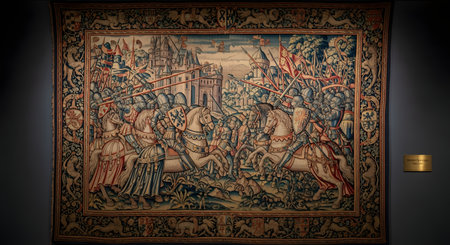 An ornate and detailed medieval-style tapestry hanging on a wall, depicting a dynamic battle or jousting scene. Armored knights on horseback charge with lances towards a castle, surrounded by soldiers and flags. The rich colors and intricate woven details evoke themes of history, chivalry, royalty, and medieval warfare.の素材