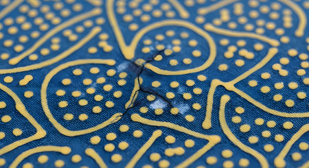 An extreme macro photograph reveals a tiny crack in the dye of a traditional Indonesian batik fabric. The intricate yellow pattern on a deep blue background is the main subject, with the imperfection drawing the viewer's eye. The image highlights texture, pattern, and the concept of flaws in handmade items.の素材