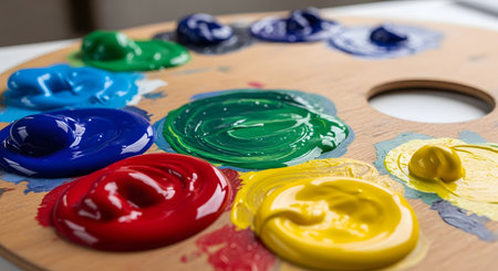 A close-up shot of a wooden artist's palette holds thick, glossy dabs of colorful oil paint. Rich red, yellow, blue, and green pigments are squeezed and mixed, ready for a new creation. This image represents the artistic process, creativity, and the tools of a painter.の素材
