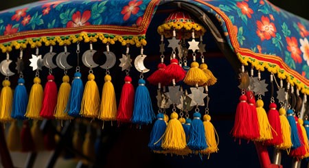 A close-up of vibrant, traditional decorations hanging from the fringe of a floral patterned canopy. Brightly colored tassels in red, yellow, and blue, along with metal charms, create a festive and cultural display, likely for a parade or celebration in South Asia.の素材