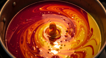 An abstract, top-down view of vibrant red and yellow paints being mixed together in a pot, creating beautiful swirls and patterns. The viscous liquids blend into a fiery, marble-like effect, with a central droplet creating ripples. The image is a dynamic and colorful abstract representing creativity, mixing, and fluid motion.の素材