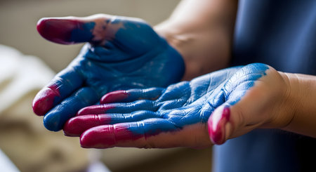 A close-up shot shows a pair of hands held open, completely smeared with a mix of vibrant blue and pink paint. The image conveys the joy and freedom of hands-on creativity, finger painting, and the messy process of making art.の素材
