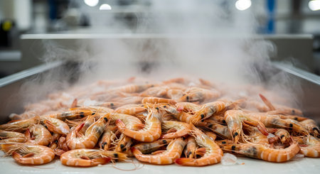 A large pile of freshly cooked pink shrimp steams in a stainless steel bin on a food production line. This image captures a scene from a seafood processing plant, emphasizing the freshness and industrial scale of the fishing and food industries.の素材
