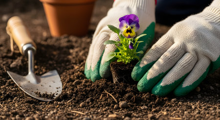 A close-up shot of a gardener's gloved hands carefully placing a small purple and yellow pansy flower into rich, dark earth. A trowel lies on the soil nearby, symbolizing the act of planting, new growth, and the joys of gardening in the spring.の素材