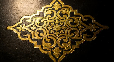 A detailed macro shot of an intricate gold foil pattern embossed onto a black, textured background, resembling a luxurious book cover. The symmetrical, arabesque design with floral elements conveys a sense of elegance, tradition, and high-quality craftsmanship.の素材