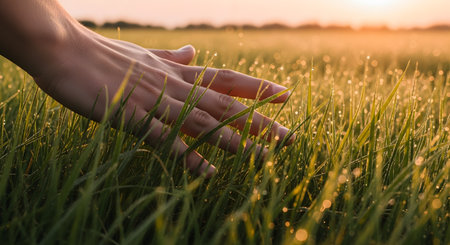 A gentle hand brushes across the tops of vibrant green grass blades sparkling with morning dew. The warm, golden light of the rising sun illuminates the field, creating a serene and hopeful scene that connects humanity with nature and conveys a sense of freedom, freshness, and appreciation for the natural world.の素材