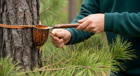 A person in a green sweatshirt uses a tool to collect sticky, golden resin from a pine tree into a traditional bark container. This image depicts the sustainable foraging of natural materials from a forest.の素材