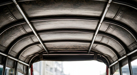 An interior point-of-view shot from inside a moving tuk-tuk or auto-rickshaw in Asia, looking up at the curved canvas roof and its metal frame. The image captures the authentic feeling of traveling as a tourist in a bustling city.の素材